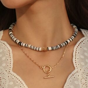 Faux Puka Bead Choker Gold Tone Chain Black White & Grey